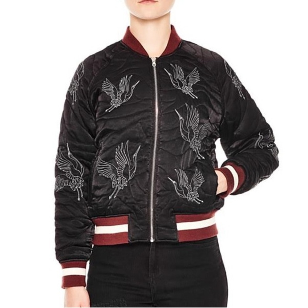 Sandro Women Vogel Embroidered Cranes Quilted Bomber Jacket 2/M